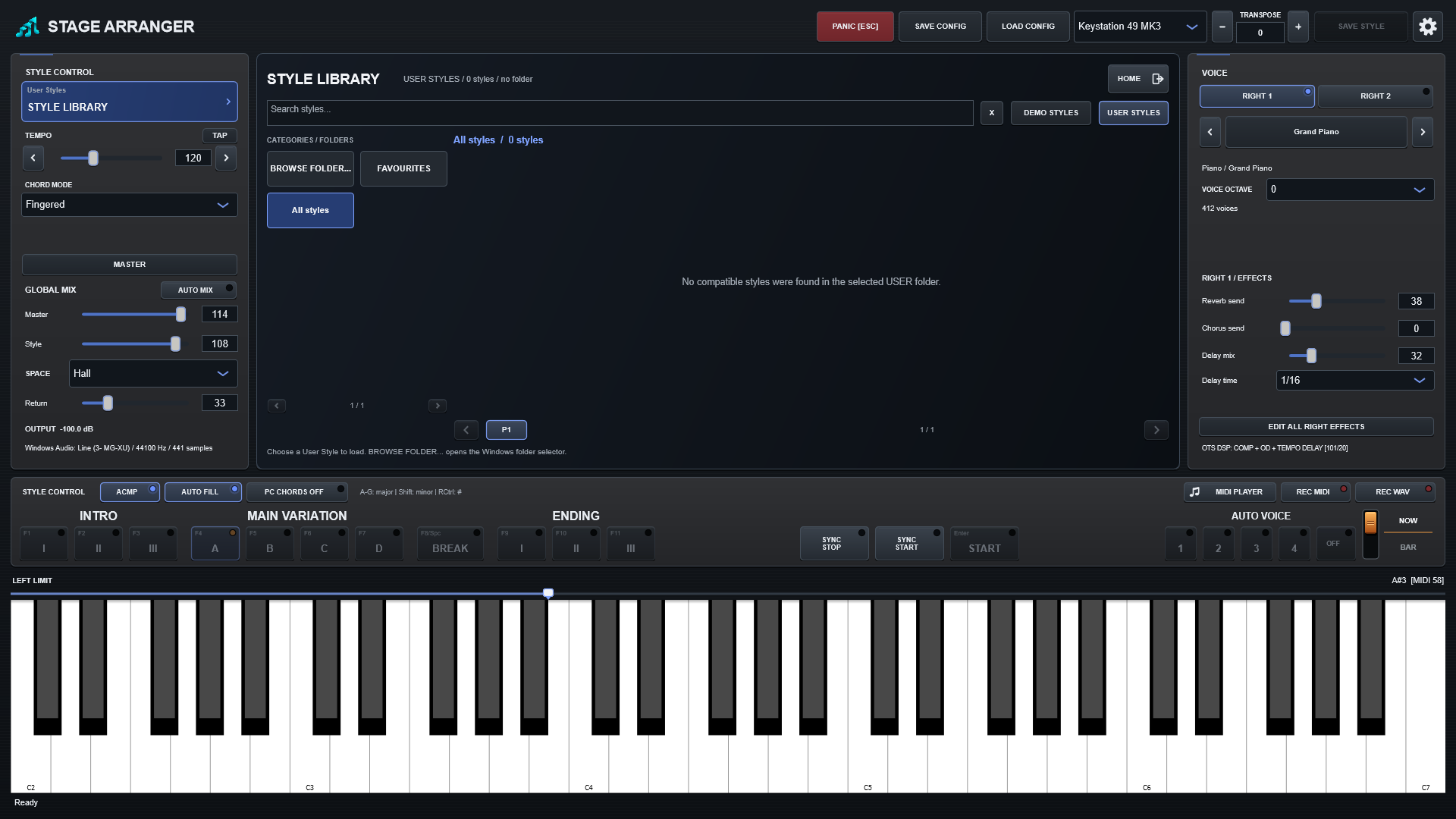 Откройте выбор стиля. DEMO STYLES показывает комплектные примеры, USER STYLES - ваши стили из выбранной через BROWSE FOLDER… папки. Нажмите карточку для загрузки; звёздочка добавляет стиль в избранное.
